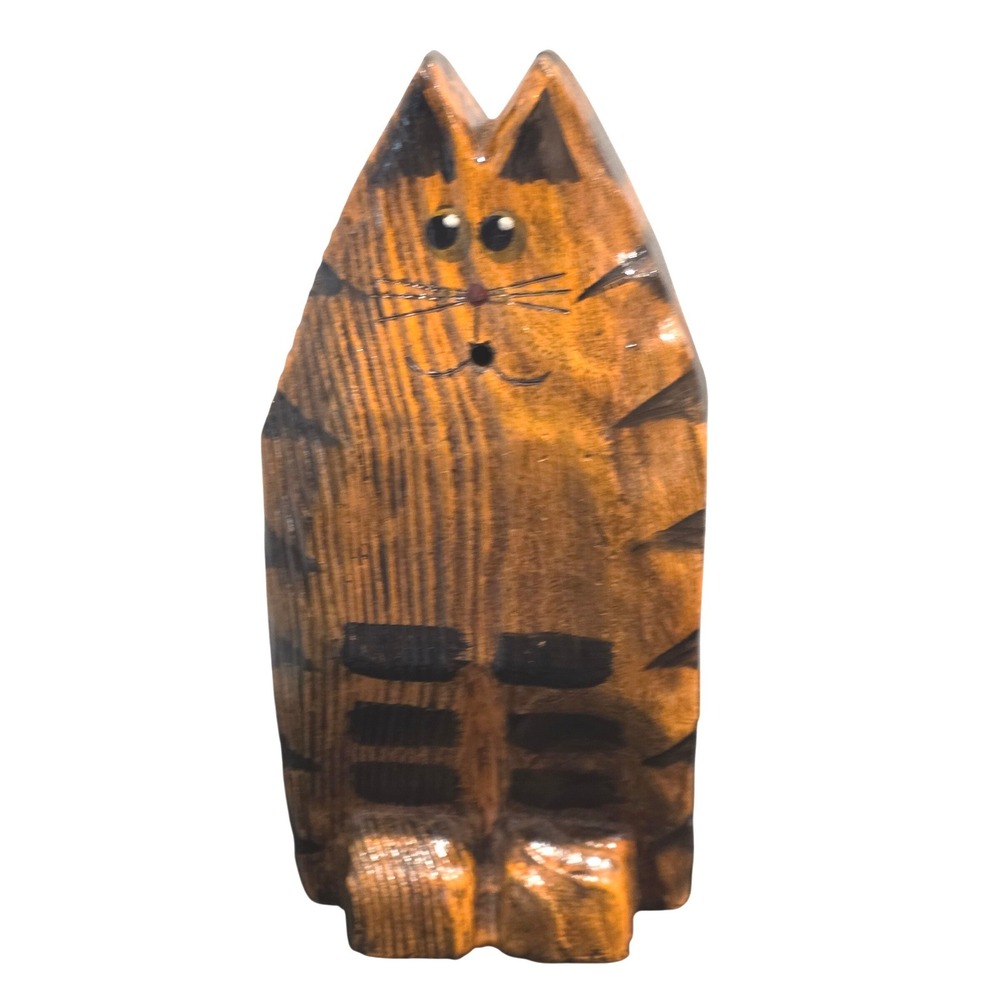 Vintage Folk Art Hand Carved Wood Cat Figurine Orange Tabby Whimsical Art Decor‎